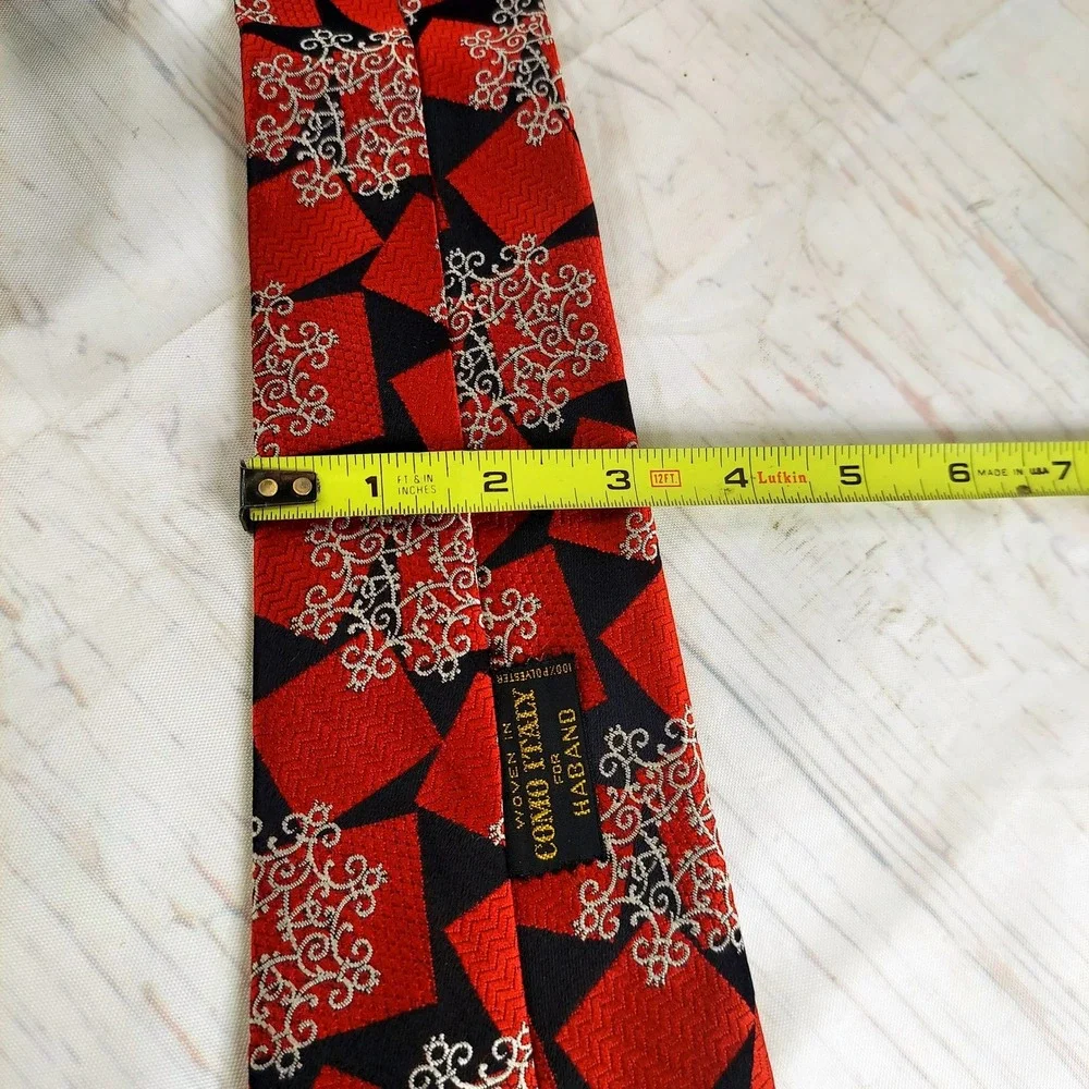 Haband Tie Woven in Como‎ Italy Geometric Pattern Red Black Mens Necktie